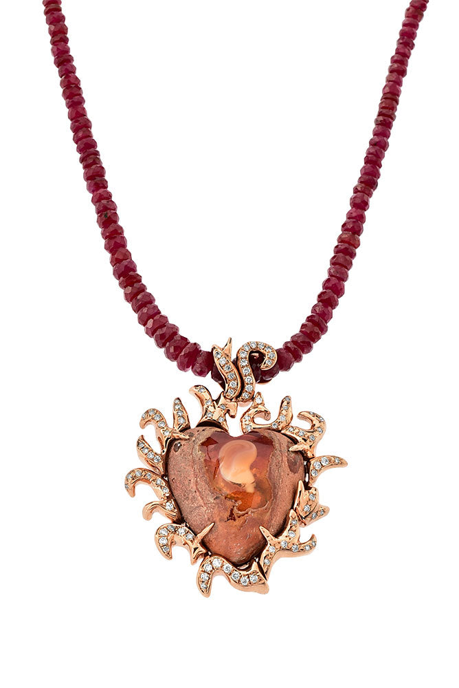 Mexican Opal Blazing Heart Rose Gold Necklace - Kabartsy
